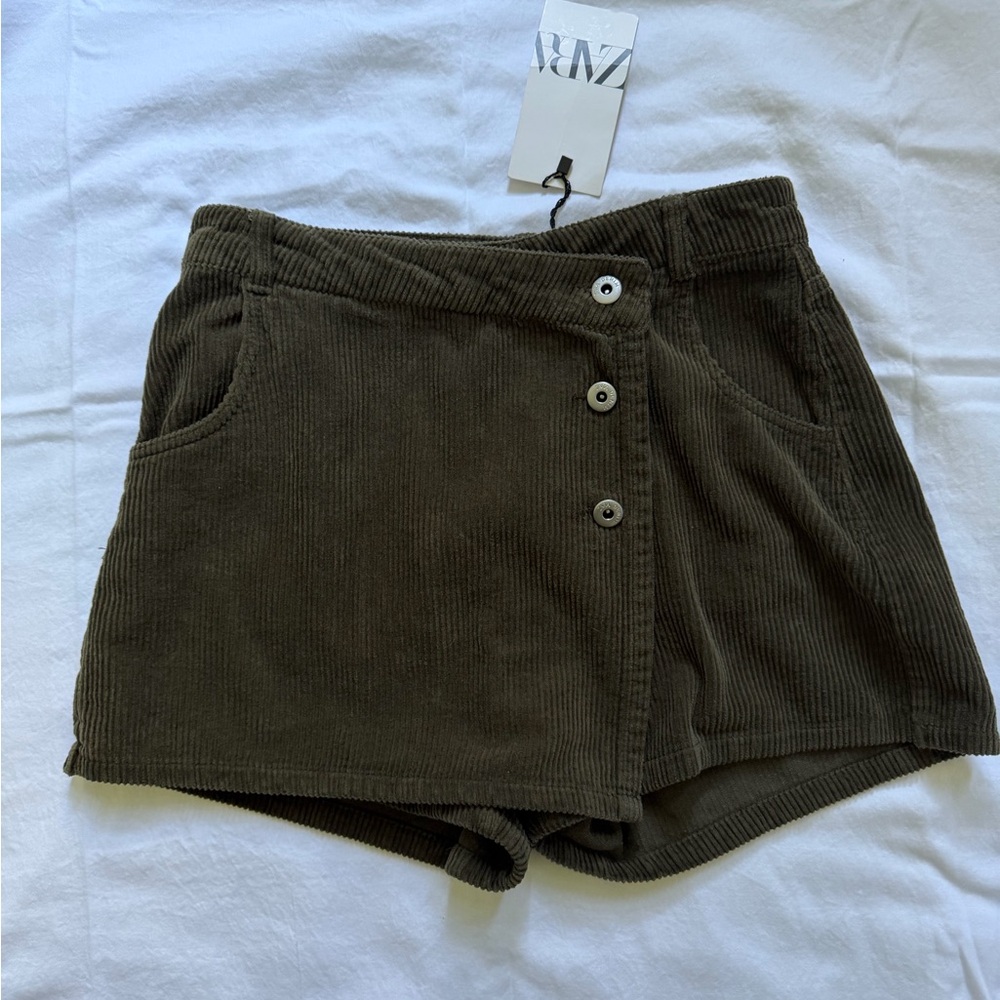 Zara Olive Green Corduroy Wrap-Front Shorts